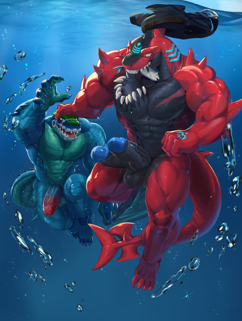 2_penises abs anthro balls big_balls big_muscles big_pecs big_penis black_body blue_body brace chest_scar clothing crocodile crocodilian crocodylid diphallia diphallism duo erection fish fish_in_mouth fully_submerged genitals green_body head_grab hi_res male male_only marine multi_genitalia multi_penis multicolored_body muscular muscular_anthro muscular_male nude pecs penis red_body reptile scalie scar shark skinny_dipping swimming underwater wardrobe_malfunction water