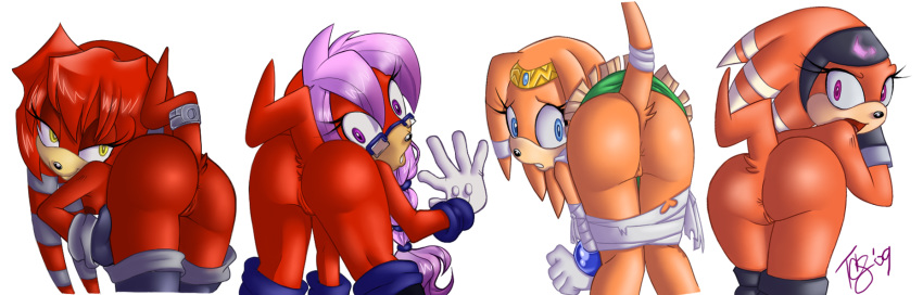 2d akito_yagami anthro ass back_view blue_eyes breasts echidna female female_only fur glasses gloves hair lara-su lien-da long_hair looking_at_viewer looking_back looking_over_shoulder mammal mobian mobian_(species) mobian_echidna monotreme multiple_females multiple_girls orange_fur orange_hair purple_eyes purple_hair pussy red_fur red_hair sega shade_the_echidna sideboob sonic_(series) sonic_adventure sonic_the_hedgehog_(series) tikal_the_echidna upskirt yellow_eyes