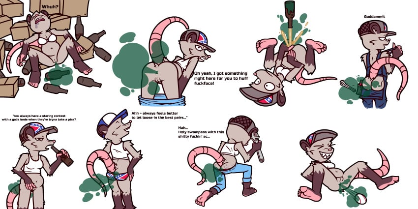 2026 absurd_res alcohol alcohol_enema american_opossum anal anal_launching anal_penetration angry annoyed anthro anus ball_in_ass barefoot baseball beer beer_bottle belly belly_overhang beverage black_body black_ears black_eyes black_fur blue_baseball_cap blue_bottomwear blue_clothing blue_jeans blue_pants blue_suspenders bodily_fluids boofing bottle bottle_in_ass bottle_insertion bottomless bottomwear bottomwear_down box bra bra_only breasts butt butt_cleavage butt_clench butt_flap cardboard cardboard_box casual_exposure cleavage clenching_butt clothed clothing confederate_flag confederate_flag_clothing confederate_states_of_america container covering covering_crotch covering_vulva denim denim_bottomwear denim_clothing dialogue drooling empty_bottle english_text eyes_closed fart fart_cloud farting_at_viewer feet female female_farting fur genitals green_fart_cloud grey_baseball_cap grey_body grey_fur hi_res high-angle_view insult insulting_viewer jeans kneeling leaning leaning_forward looking_back lying mammal marsupial mooning motion_lines muffin_top multicolored_body multicolored_fur multiple_images navel object_between_buttocks offscreen_character on_back open_mouth panties pants pants_down pantsless partially_clothed penetration pink_fingers pink_nose pink_tail pink_toes raised_tail rear_view saliva sharp_teeth shirt simple_background sleeping smokey_the_menish soles solo spread_legs spreading surprised suspenders sweat sweatdrop sweaty_butt tail talking_to_another talking_to_viewer tank_top teeth text tools toothy_grin topwear two_tone_body two_tone_fur underwear underwear_only upside_down vulva whiskers white_background white_bra white_clothing white_shirt white_tank_top white_topwear white_underwear wrench