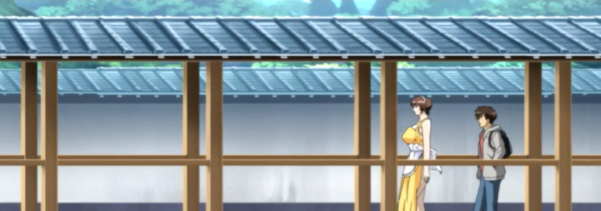 1boy 1boy1girl 1girls boobies boobs breasts brown-haired_female brown_hair clothed_female clothed_male clothed_male_clothed_female enormous_breasts female fushimi_kenta giant_breasts gigantic_breasts huge_breasts hyper_breasts maid maid_apron maid_headdress male male/female massive_breasts milky_(company) milky_animation_label nonomiya_momoko ova shimai_tsuma_3 shimaizuma_3 short_brown_hair short_hair short_hair_female stitched super_breasts tits tree walking