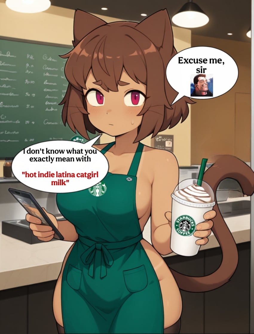 1girl 1girls ai_assisted ai_generated almost_naked almost_nude billy_butcher brainrot cafeteria cat_ears cat_tail catgirl dialogue english_text excuse_me_sir_(meme) fazepepinito24 female female_focus furry gameoverse kit_(gameoverse) larp latina meme speech_bubble starbucks starbucks_barista text the_boys tiktok