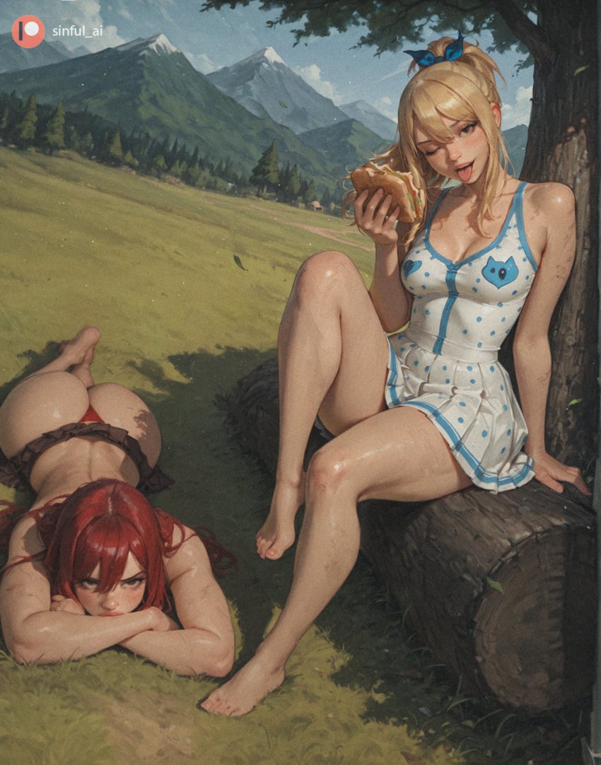 forest drool female mushroom grass big_butt medium_breasts ai_generated butt on_grass blonde_hair long_hair dress food tongue_out bush saliva day lucy_heartfilia dappled_sunlight under_tree erza_scarlet multiple_girls fairy_tail wide_hips one_eye_closed ass nature thick_thighs aisinful looking_at_viewer sitting rating:safe outdoors cleavage against_tree tongue drooling big_ass polka_dot big_boobs on_ground breasts tree hi_res large_breasts tree_shade blush barefoot