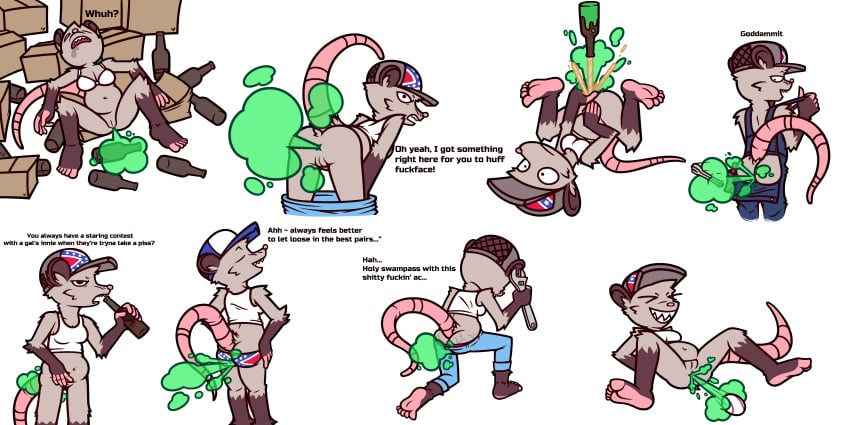 2026 absurd_res alcohol alcohol_enema american_opossum anal anal_launching anal_penetration angry annoyed anthro anus ball_in_ass barefoot baseball beer beer_bottle belly belly_overhang beverage black_body black_ears black_eyes black_fur blue_baseball_cap blue_bottomwear blue_clothing blue_jeans blue_pants blue_suspenders bodily_fluids boofing bottle bottle_in_ass bottle_insertion bottomless bottomwear bottomwear_down box bra bra_only breasts butt butt_cleavage butt_flap cardboard cardboard_box casual_exposure cleavage clothed clothing confederate_flag confederate_flag_clothing confederate_states_of_america container covering covering_crotch covering_vulva denim denim_bottomwear denim_clothing dialogue drooling empty_bottle english_text eyes_closed fart fart_cloud farting_at_viewer feet female female_farting fur genitals green_fart_cloud grey_baseball_cap grey_body grey_fur hi_res high-angle_view insult insulting_viewer jeans kneeling leaning leaning_forward looking_back lying mammal marsupial mooning motion_lines muffin_top multicolored_body multicolored_fur multiple_images navel object_between_buttocks offscreen_character on_back open_mouth panties pants pants_down pantsless partially_clothed penetration pink_fingers pink_nose pink_tail pink_toes raised_tail rear_view saliva sharp_teeth shirt simple_background sleeping smokey_the_menish soles solo spread_legs spreading surprised suspenders sweat sweatdrop sweaty_butt tail talking_to_another talking_to_viewer tank_top teeth text tools toothy_grin topwear two_tone_body two_tone_fur underwear underwear_only upside_down vulva whiskers white_background white_bra white_clothing white_shirt white_tank_top white_topwear white_underwear wrench