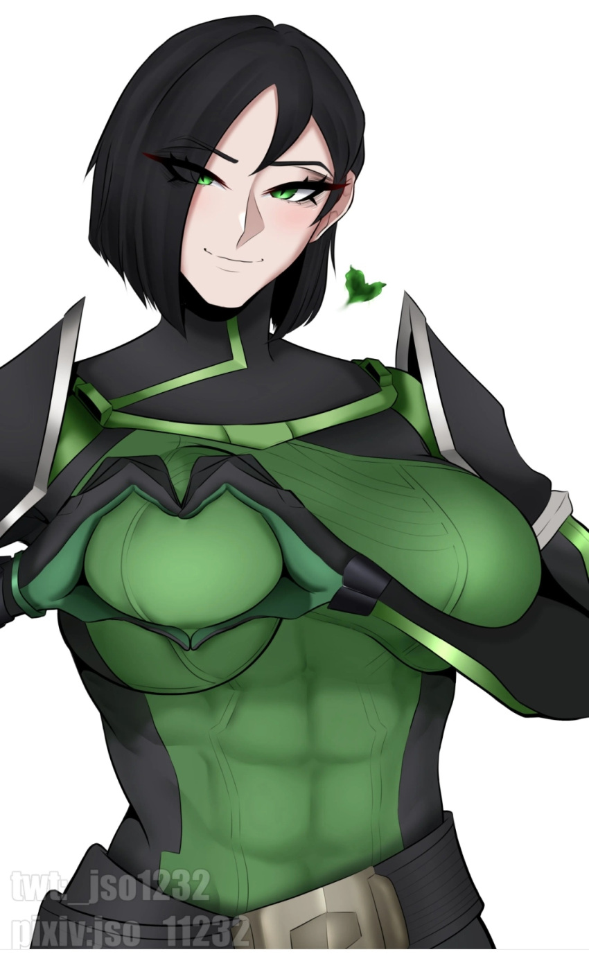 1girls 2022 abs armor big_breasts bursting_breasts green_eyes hair_over_one_eye heart huge_breasts jso jso_11232 looking_at_viewer muscles muscular muscular_female short_hair shoulder_pads smile smiling smiling_at_viewer tagme tight_clothing valorant viper_(valorant) white_background