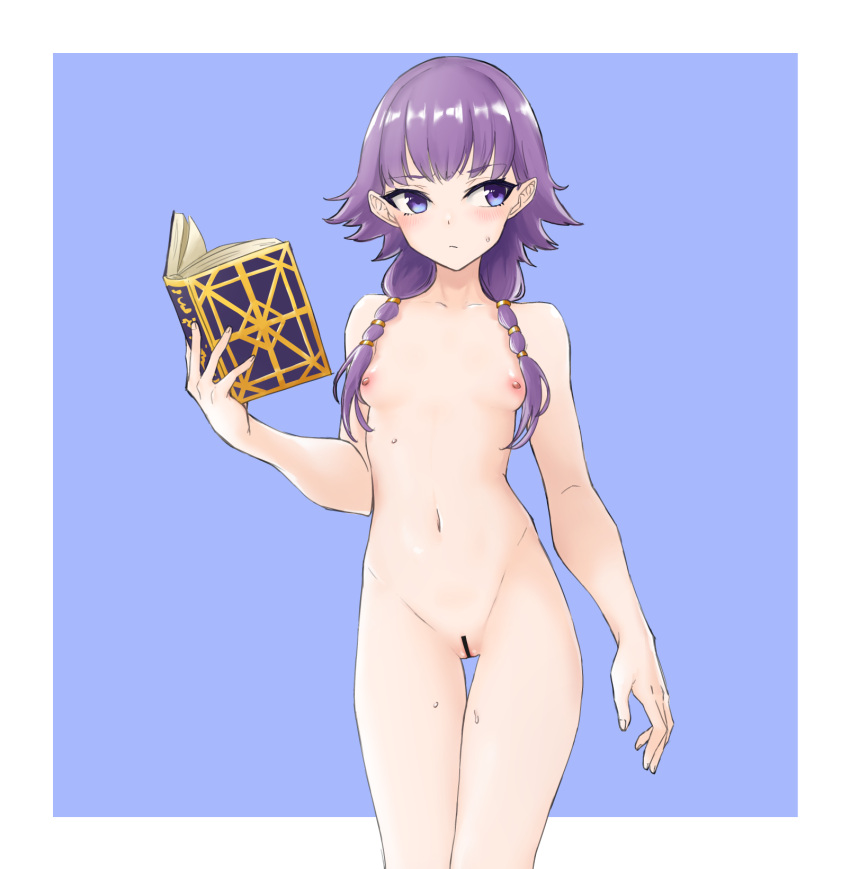 1girls bar_censor blue_background blue_eyes blush book braid breasts censored completely_nude embarrassed female female_only fire_emblem fire_emblem:_the_sacred_stones lute_(fire_emblem) medium_hair nintendo nipples nude nude_female purple_hair pussy simple_background small_breasts solo sweat thigh_gap tonomirakani twin_braids