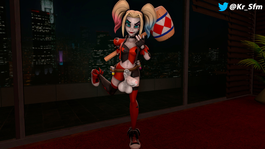 3d batman_(series) big_balls big_penis clothed club_shaped_penis dc dc_comics dickgirl futa_only futanari harley_quinn harley_quinn_(multiversus) kr_sfm looking_at_viewer multiversus source_filmmaker