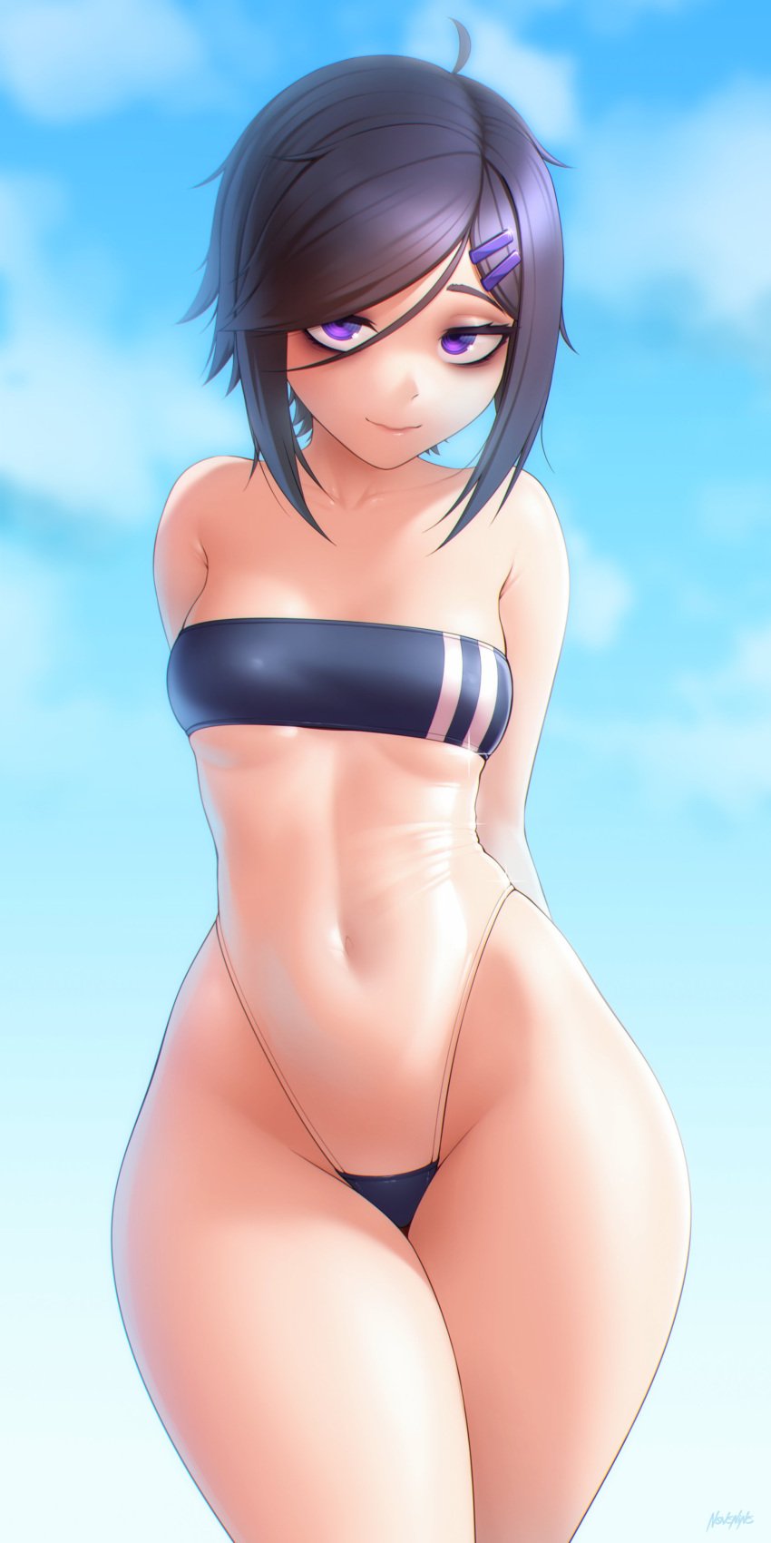 1girls 2022 arms_behind_back black_hair colored eyeshadow female female_only gris_swimsuit hair_over_eye hairclip hi_res navel one-piece_swimsuit pale_skin purple_eyes renko_(renkonv) renkonv revealing_clothes shaded short_hair shy sky_background small_breasts solo solo_female swimsuit thick_thighs thighs_together tight_clothing transparent_clothing wide_hips