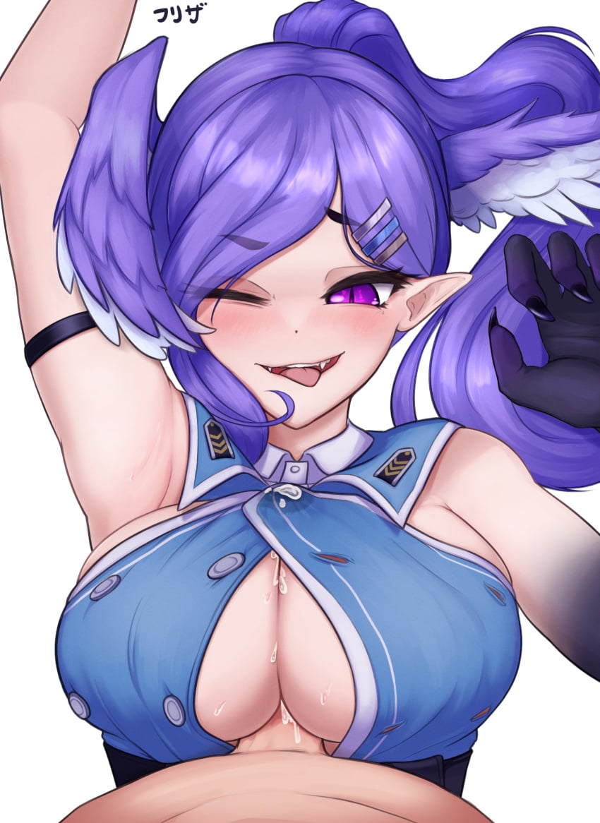 1boy 1girls armpits big_breasts blue_eyes blush boobjob cleavage cum cum_between_breasts cum_on_breasts cum_through_clothes dragon_claw dragon_girl fangs freezer_(frzr/efreezerarts) hair_wings hairclip happy happy_paizuri happy_sex head_wings heterochromia hi_res highres japanese_text light-skinned_female light-skinned_male light_blue_eyes light_skin long_hair male_pov nijisanji nijisanji_en one_eye_closed paizuri paizuri_under_clothes penis penis_between_breasts pink_eyes pointy_ears ponytail pov purple_hair selen_tatsuki selen_tatsuki_(2nd_costume) smile straight sweat sweaty_breasts text tongue tongue_out virtual_youtuber white_background wink