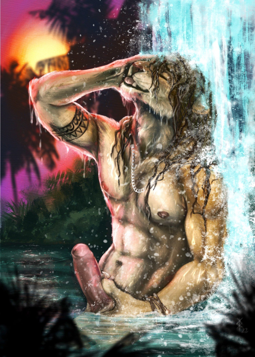 anthro arm_tattoo bracelet brown_hair brown_nose claws closed_eyes detailed_background digital_media_(artwork) erection fangs felid fur genitals grass hair hand_on_face hand_on_penis hi_res humanoid_genitalia humanoid_penis jewelry jungle lion long_hair male mammal muscular muscular_anthro muscular_male navel necklace nipples nude open_mouth palm_tree pantherine partially_submerged pecs penis plant raised_arm raised_head solo steel_(artist) sunset tan_body tan_fur tattoo tree water water_drop waterfall watermark wet wet_body wet_fur wet_hair white_body white_fur