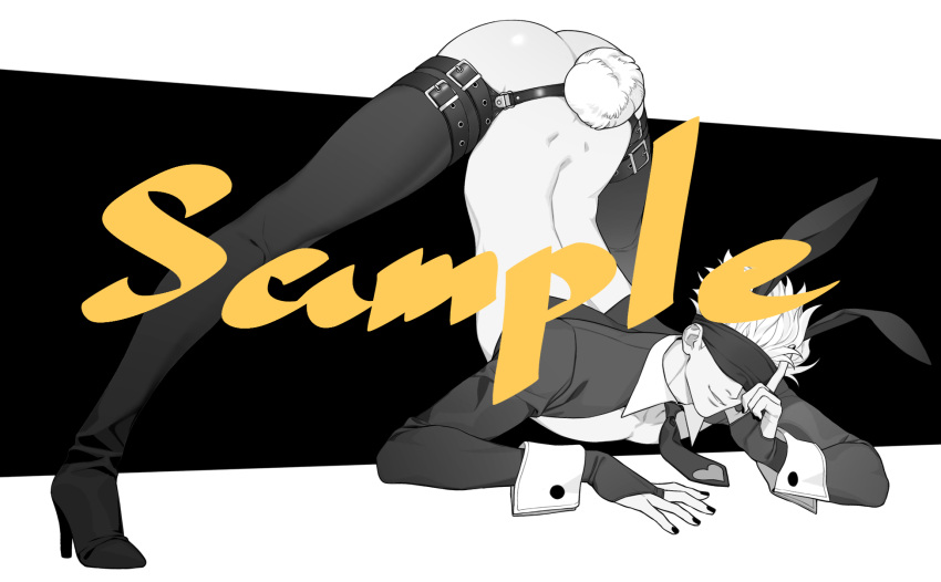 1boy ass blindfold boots bridal_gauntlets facing_viewer gay huang_lia jack-o'_challenge jujutsu_kaisen male male_focus monochrome nail_polish necktie rabbit_ears rabbit_tail revealing_clothes satoru_gojo short_hair smile solo toned top-down_bottom-up wrist_cuffs