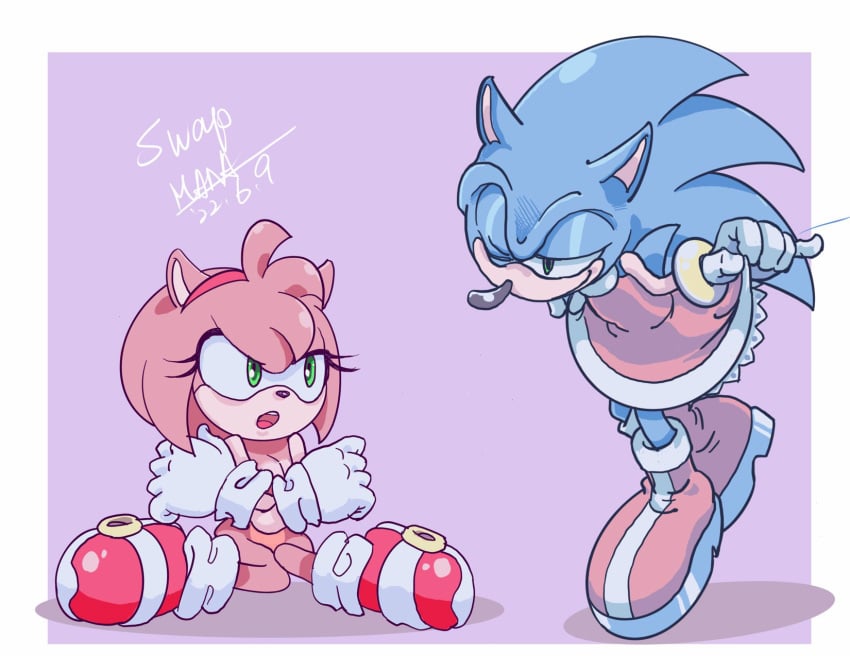 amy_rose amy_rose_(cosplay) clothes_swap covering femboy outfit_swap pink_fur pink_hair shoes_only sonic_(series) sonic_the_hedgehog sonic_the_hedgehog_(cosplay) wink