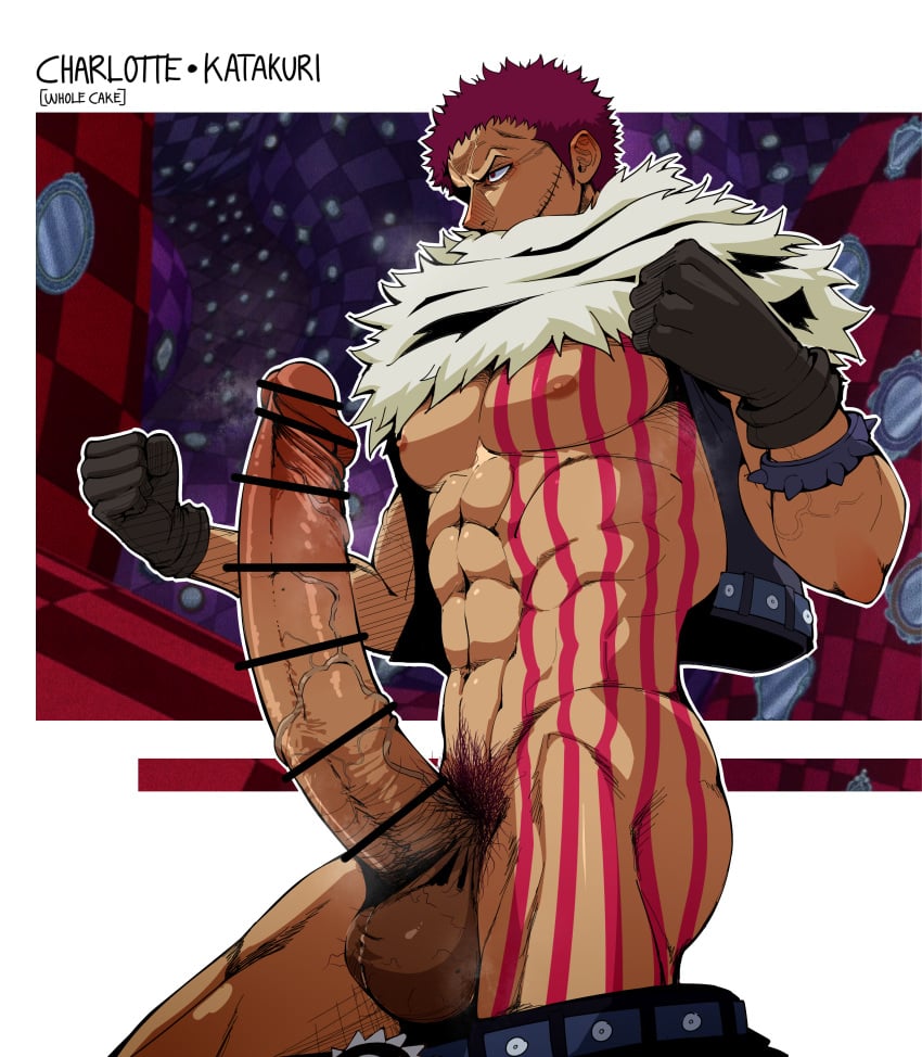 1boy alterinku bara big_balls big_penis charlotte_katakuri erection male male_only muscular muscular_male one_piece pubic_hair smell solo solo_male steam sweat