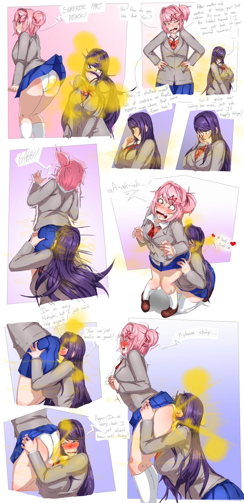 2girls ass_grab ass_worship big_ass big_butt blush colored darting_towards_ass doki_doki_literature_club domination_loss embarrassed english_text enjoying_farts excessive_fart face_in_ass face_on_ass fart fart_cloud fart_fetish fart_sniffing fart_worship farting farting_in_face female_only female_pervert fully_clothed hand_on_ass hand_on_face hands_on_hips heart kneeling lazei multiple_girls natsuki_(doki_doki_literature_club) open_mouth panties pink_eyes pink_hair power_bottom purple_eyes purple_hair school_uniform secretly_loves_it shocked short_hair skirt skirt_lift smile sniffing sniffing_ass speech_bubble tears text thick_thighs upskirt white_panties yuri yuri_(doki_doki_literature_club)