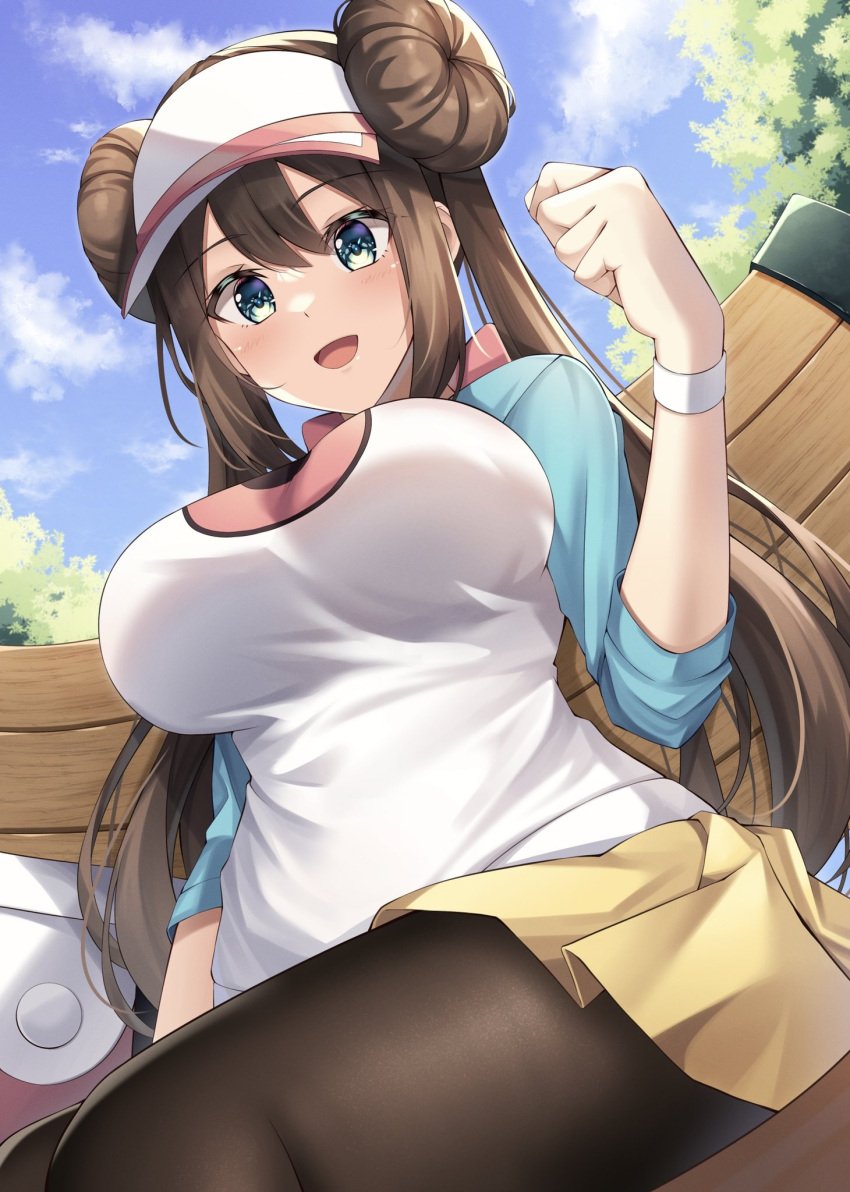 1girls amagi_korona blue_sky breasts brown_hair cap double_bun from_below green_eyes hair_bun highres huge_breasts long_hair looking_at_viewer pantyhose pokemon rosa_(pokemon) shirt shorts sitting sky smile solo thighs