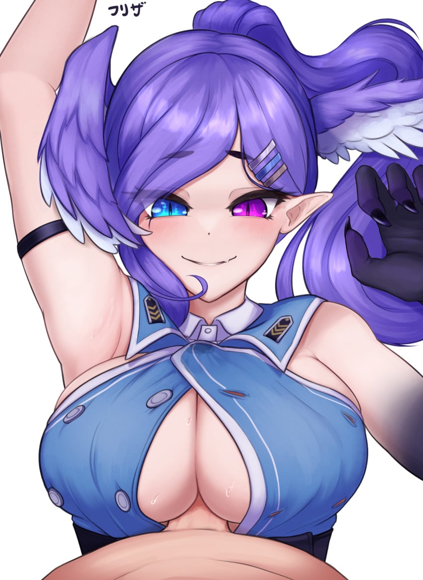 1boy 1girls armpits big_breasts blue_eyes boobjob cleavage dragon_claw dragon_girl freezer_(frzr/efreezerarts) hair_wings hairclip happy happy_paizuri happy_sex head_wings heterochromia hi_res highres japanese_text light-skinned_female light-skinned_male light_blue_eyes light_skin long_hair male_pov nijisanji nijisanji_en paizuri paizuri_under_clothes penis penis_between_breasts pink_eyes pointy_ears ponytail pov purple_hair selen_tatsuki selen_tatsuki_(2nd_costume) smile straight sweat sweaty_breasts text virtual_youtuber white_background