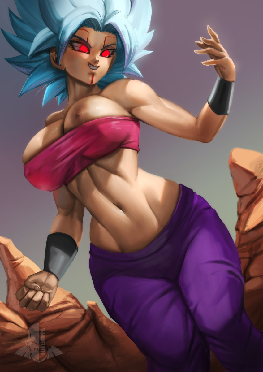 1girls baby_(dragon_ball) big_breasts breasts caulifla clothing dragon_ball dragon_ball_super elitenappa female female_only female_saiyan glowing glowing_eyes looking_at_self neo_machine_mutant nipple_slip nipples oren outside possession red_eyes saiyan shounen_jump smile solo super_dragon_ball_heroes thick_thighs tuffle tuffleization white_hair wide_hips