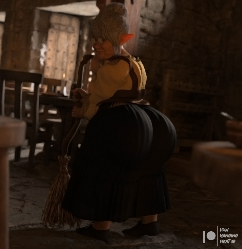 1girls 3d bar bedroom_eyes big_ass broom bun_hair cleaning daz3d dazstudio dilya_farlee_(lhf3d) elderly_female elf elf_ears elf_female fantasy gilf glasses granny gray_hair innocent looking_at_viewer lowhangingfruit3d_(artist) mature mature_female old older_female pointy_ears pub public round_glasses skirt smile solo solo_female solo_focus wide_hips