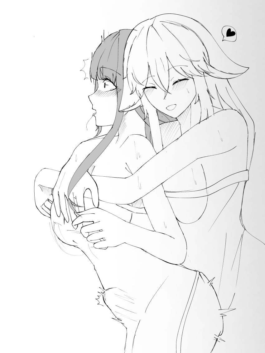 1futa 1girls after_shower big_breasts clothed clothing female from_behind futanari genshin_impact heart huge_cock light_skin monochrome mostly_nude peawilla-x_(mon) raiden_shogun saliva self_upload sketch standing stomach_bulge tongue_out white_background yae_miko