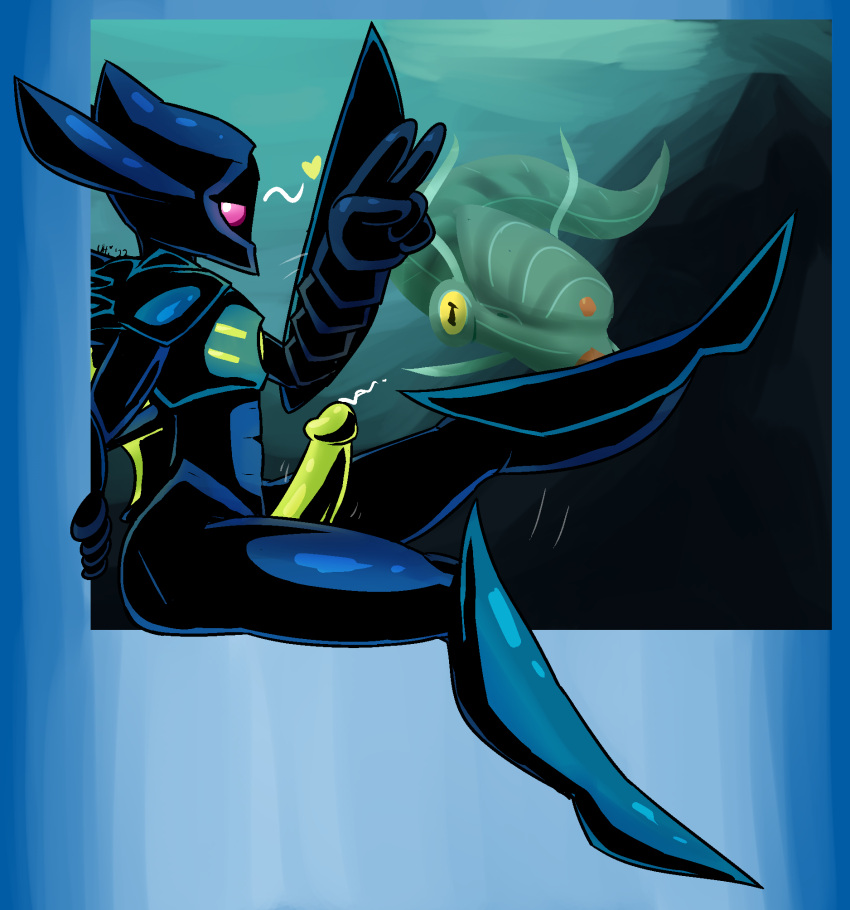 2022 5_fingers anthro anthro_focus aqua_rider armor armwear big_penis black_eyes blue_armor blue_armwear blue_body blue_clothing blue_helmet blue_legwear blue_topwear bodily_fluids clothing duel_masters erection fingers genital_fluids genitals gesture glans green_body green_scales half-closed_eyes heart hi_res humanoid_genitalia humanoid_penis legwear machine male male_focus marine motion_lines narrowed_eyes penis pink_eyes pose precum raised_leg robot salute scales sitting solo_focus topwear ultilix v_sign yellow_glans yellow_penis yellow_sclera