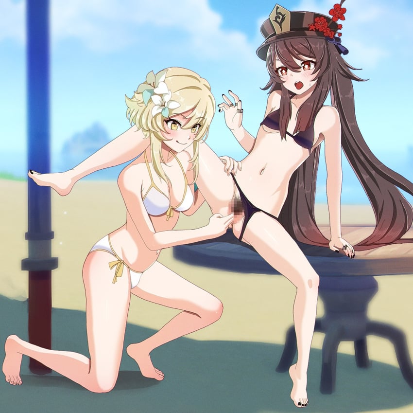 arm_support aruman beach bikini bikini_aside black_nails blonde_hair blue_sky blush breasts brown_bikini brown_hair censored chinese_commentary clothing_aside cloud cloudy_sky collarbone commentary feet female_pubic_hair fingering flower flower-shaped_pupils genshin_impact hair_between_eyes hair_flower hair_ornament hand_on_another's_thigh hand_up hat hat_flower hat_ornament horizon hu_tao_(genshin_impact) jewelry leaning_back licking_lips long_hair looking_at_another looking_down lumine_(genshin_impact) mosaic_censoring mountain navel ocean one_knee open_mouth outdoors parasol plum_blossoms porkpie_hat pubic_hair pussy red_eyes ring short_hair_with_long_locks side-tie_bikini_bottom sidelocks sky small_breasts smile swimsuit symbol-shaped_pupils table teeth toes tongue tongue_out twintails umbrella upper_teeth wavy_mouth white_bikini yellow_eyes yuri