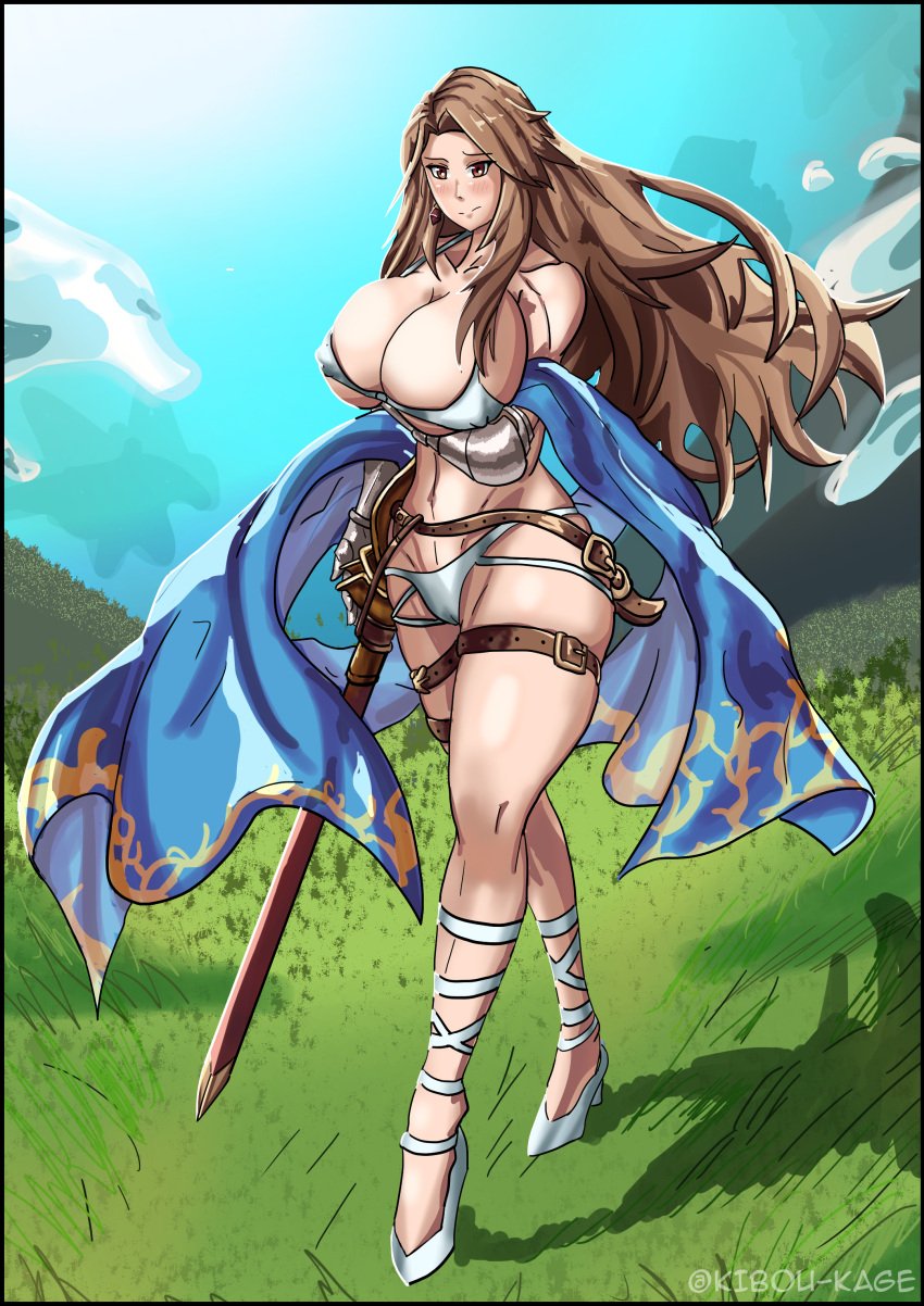 abdomen abs anime_style arc_system_works armor bell_collar belly belly_button big_breasts big_butt blue_background blue_sky blush breasts brown_eyes brown_hair clothed clothed_female clothes clouds cygames erect_nipples erect_nipples_under_clothes fantasy female female_focus female_only giantess granblue_fantasy granblue_fantasy_versus high_heels hyper hyper_breasts katalina_(granblue_fantasy) katalina_aryze kibou-kage legs legs_held_open milf mountains muscles muscular muscular_female royalty shiny_breasts shiny_hair shiny_skin simple_background skimpy_clothes smile solo solo_focus standing strap summer sun sunlight swimsuit sword swordsman thick thick_thighs very_high_resolution very_long_hair video_games voluptuous voluptuous_female walking warrior white_panties white_skin wind