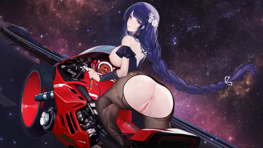 ass bare_shoulders black_pantyhose breasts female genshin_impact ground_vehicle highres long_braid long_hair looking_at_viewer motor_vehicle motorcycle pantyhose purple_eyes purple_hair pussy raiden_shogun solo yizhibao