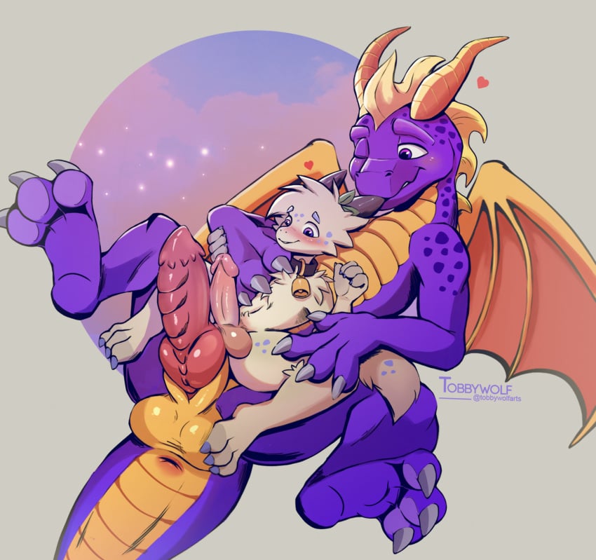 2022 3_toes 4_fingers activision anthro anus balls blush collar collar_only digital_media_(artwork) dragon duo feet fingers genitals heart hi_res horn larger_male male male/male membrane_(anatomy) membranous_wings nude one_eye_closed penis size_difference smaller_male spread_legs spreading spyro spyro_the_dragon tobbywolf toes video_games wings