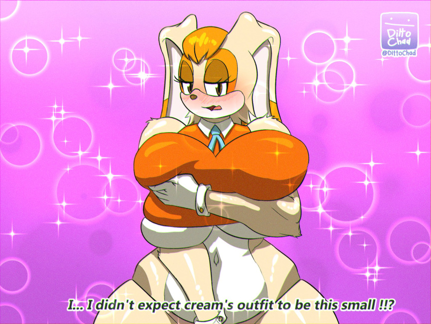 ! !!? anthro beige_fur blush brown_eyes clothes_too_small dittochad hand_on_breast milf mostly_nude orange_fur orange_hair pov rabbit sonic_(series) sonic_the_hedgehog_(series) trying_on_clothes vanilla_the_rabbit venus_body waist_up