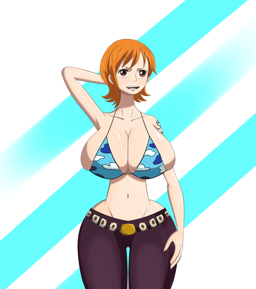 1girls big_breasts bikini cowboy_shot curvy curvy_female curvy_figure female female_only huge_breasts large_breasts marshalperv matching_hair/eyes midriff nami navel one_piece orange_eyes orange_hair pre-timeskip short_hair shounen_jump skypiea tattoo