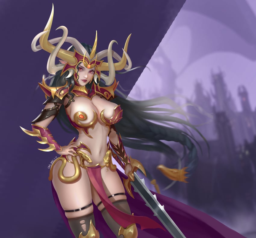 1girls black_hair dark_elf druchii elf elf_ears female female_only light-skinned_female looking_at_viewer morathi revealing_clothes skimpy skimpy_armor solo solo_female stockings sword unconvincing_armor warhammer_(franchise) warhammer_fantasy