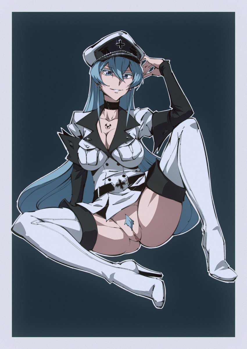 1girls akame_ga_kill! ass bent_over big_breasts blue_eyes blue_hair boots bottomless esdeath_(akame_ga_kill!) flou hanging_breasts hat long_hair looking_at_viewer no_panties presenting pubic_hair solo thick_thighs