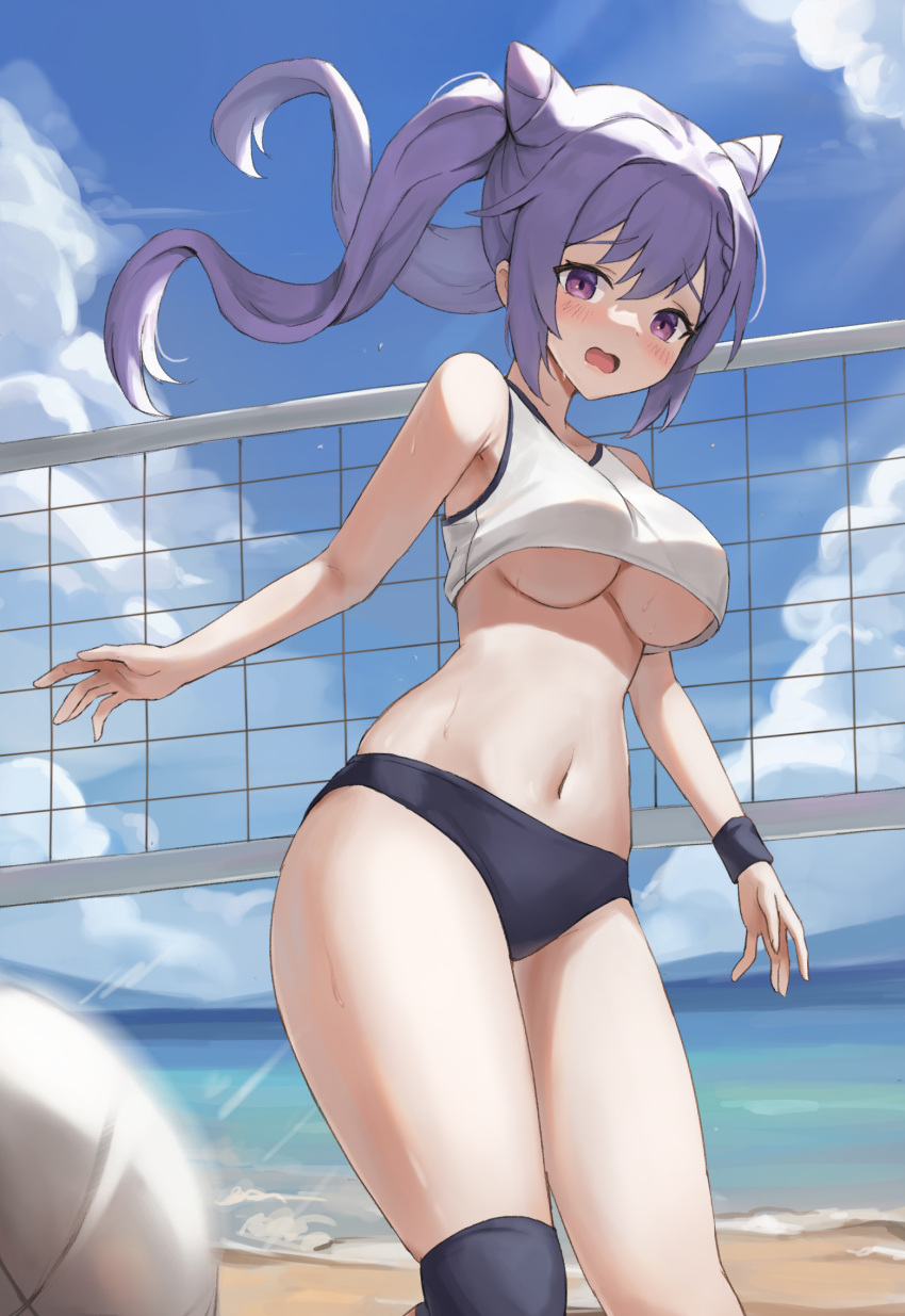 2d alternate_costume beach blush breasts crop_top female genshin_impact jag_ging keqing_(genshin_impact) light-skinned_female light_skin long_hair navel ocean pale-skinned_female pale_skin purple_eyes purple_hair underboob volleyball