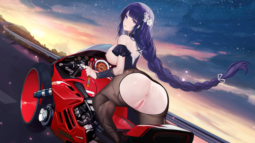 ass bare_shoulders black_pantyhose breasts female genshin_impact ground_vehicle highres long_braid long_hair looking_at_viewer motor_vehicle motorcycle pantyhose purple_eyes purple_hair pussy raiden_shogun solo yizhibao