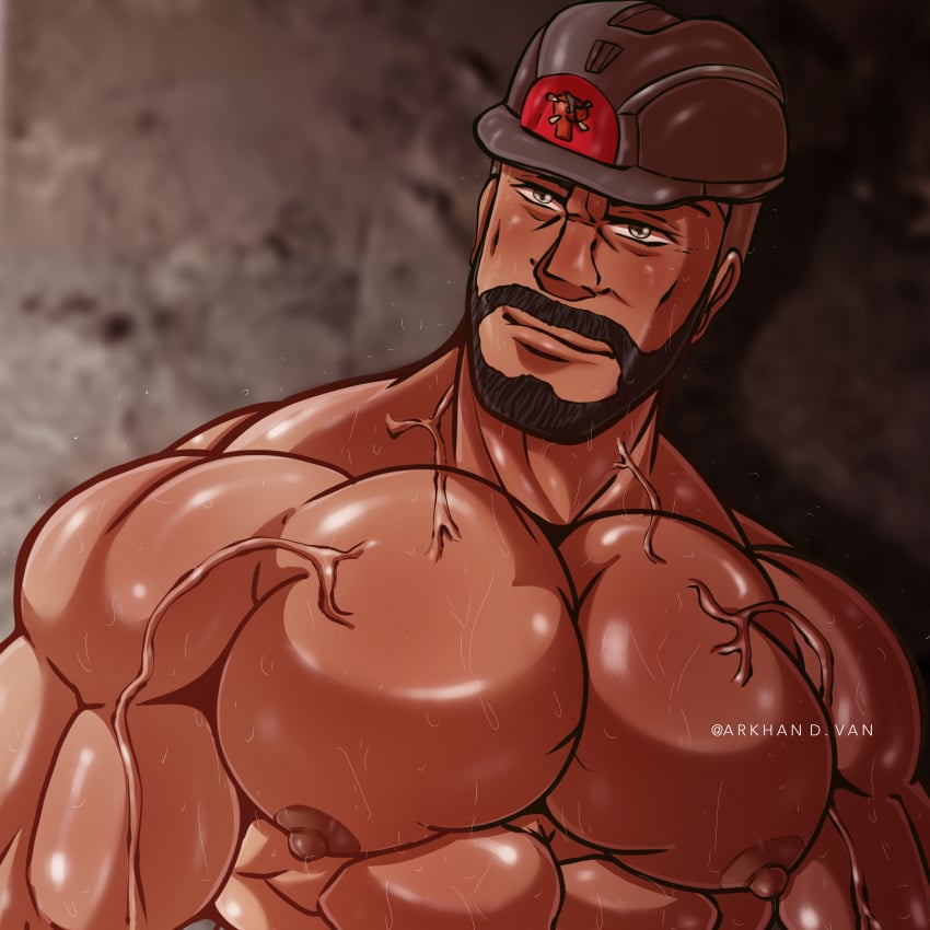 arkhandvan big_nipples big_pecs male male_chest male_nipples male_only muscular npc_trainer peony_(pokemon) pokemon sweaty_muscles