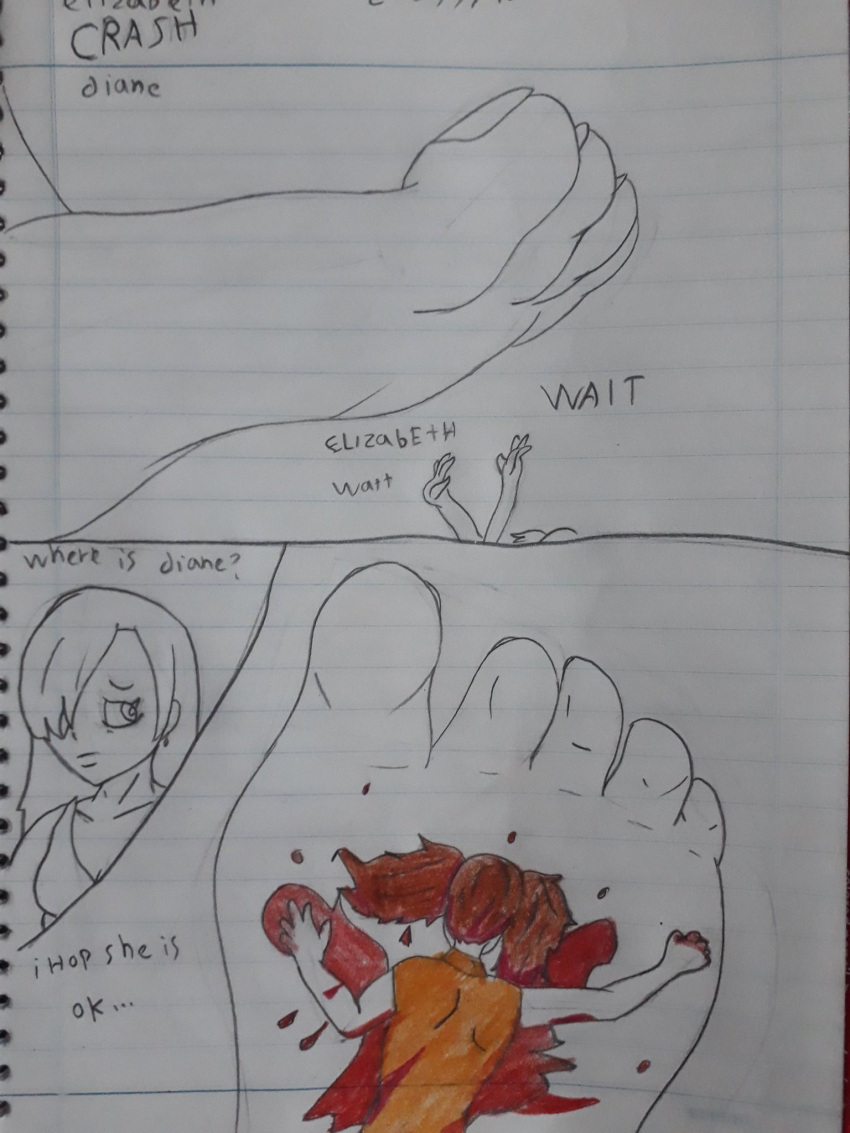 2girls blood comic crushed dead diane_(nanatsu_no_taizai) elizabeth_liones feet female female_only gore nanatsu_no_taizai oops sketch stepped_on toes