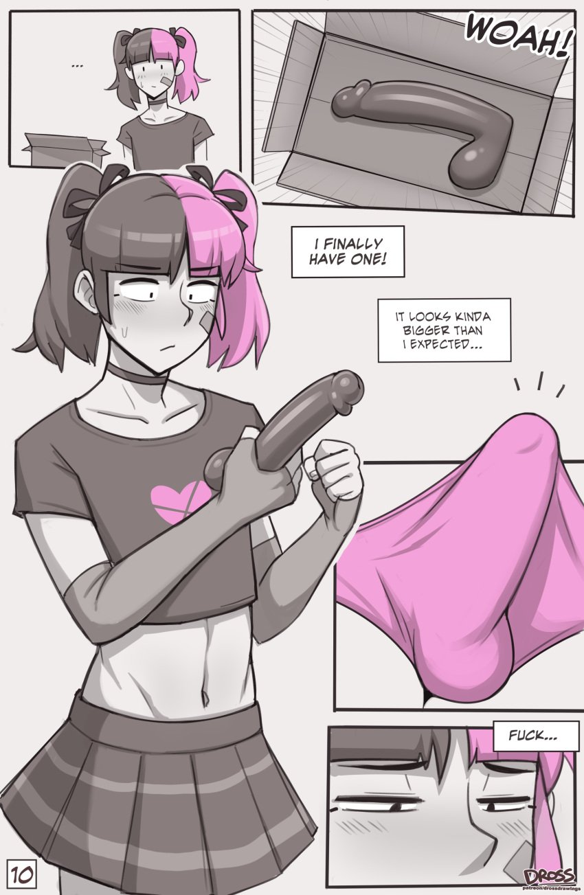 1boy admiring bandaid black_hair black_shirt black_skirt blush bulge bulge_through_clothing choker clothed clothing collarbone comic comic_page crop_top crossdressing dildo dross english_text erect_penis erection femboy fingerless_gloves gay girly gloves long_gloves male male_only midriff monochrome multicolored_hair panties penis pink_hair pink_panties ribbon ribbons sex_toy shirt skater_boi_(dross) skirt solo sweatdrop taylor_(dross) text twintails wig yaoi