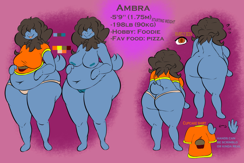 2022 abstract_background ambra_(plantedpot) anthro ass belly big_belly big_butt blue_body blue_fur blush breasts brown_hair character_name chubby clothed clothing color_swatch cupcake deep_navel deino dinosaur english_text female food front_view full-length_portrait fur generation_5_pokemon genitals hair hair_over_eyes hi_res information mane midriff model_sheet navel nintendo nipples nude open_mouth orange_clothing orange_eyes orange_shirt orange_topwear overweight overweight_female panties pink_background pink_clothing pink_panties pink_underwear plantedpot pokémon_(species) pokemon pokemon_(species) portrait pussy rear_view reptile scalie shirt simple_background solo standing text tight_clothing topwear underwear video_games