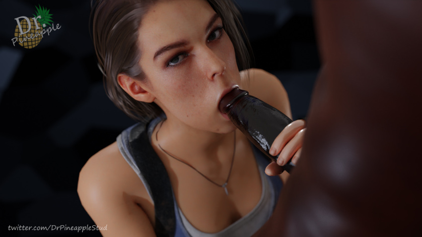 1boy 1girls 3d :>= blowjob blue_eyes brown_hair capcom clothed_female_nude_male dark-skinned_male dark_skin drpineapplestudios erection faceless_male fellatio female hand_on_penis hetero interracial jill_valentine jill_valentine_(sasha_zotova) light-skinned_female light_skin looking_at_viewer male necklace oral penis resident_evil resident_evil_3 resident_evil_3_remake short_hair straight tyrell_patrick umbrella_rpd