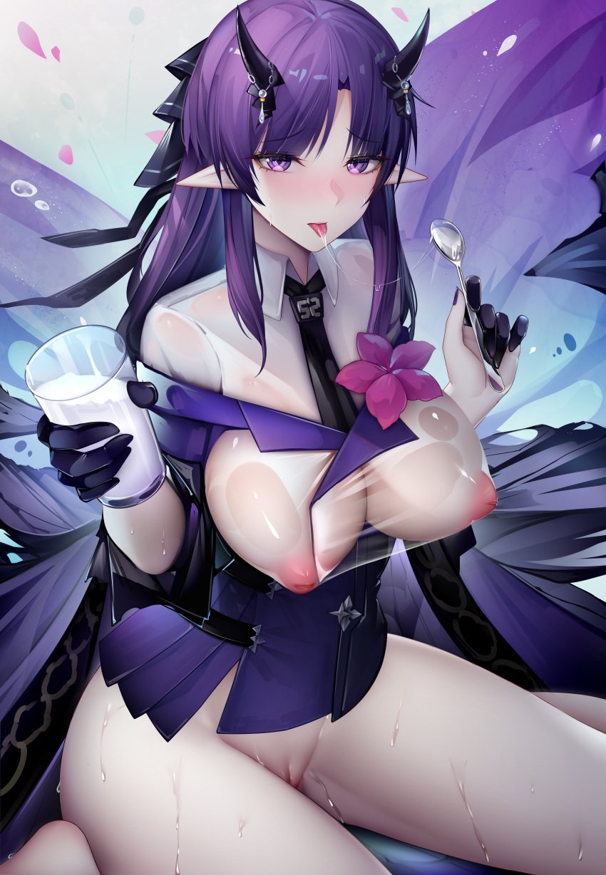 1girls arknights bare_legs big_breasts big_thighs binggong_asylum breasts busty cup female hibiscus_(arknights) huge_breasts huge_thighs large_breasts large_thighs purple_eyes purple_hair spoon thick_thighs thighs voluptuous zhixue