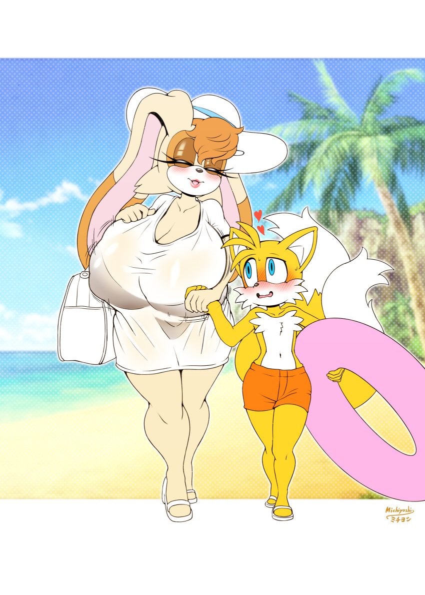 age_difference anthro beach big_areola big_breasts big_nipples blue_eyes blush bra clothed doughnut floating_heart flustered fox furry holding_hands huge_breasts lipstick michiyoshi milf nipple_bulge older_female panties rabbit see-through see-through_clothing sega size_difference smile sonic_(series) swimsuit swimsuit_under_clothes tails taller_female vanilla_the_rabbit voluptuous