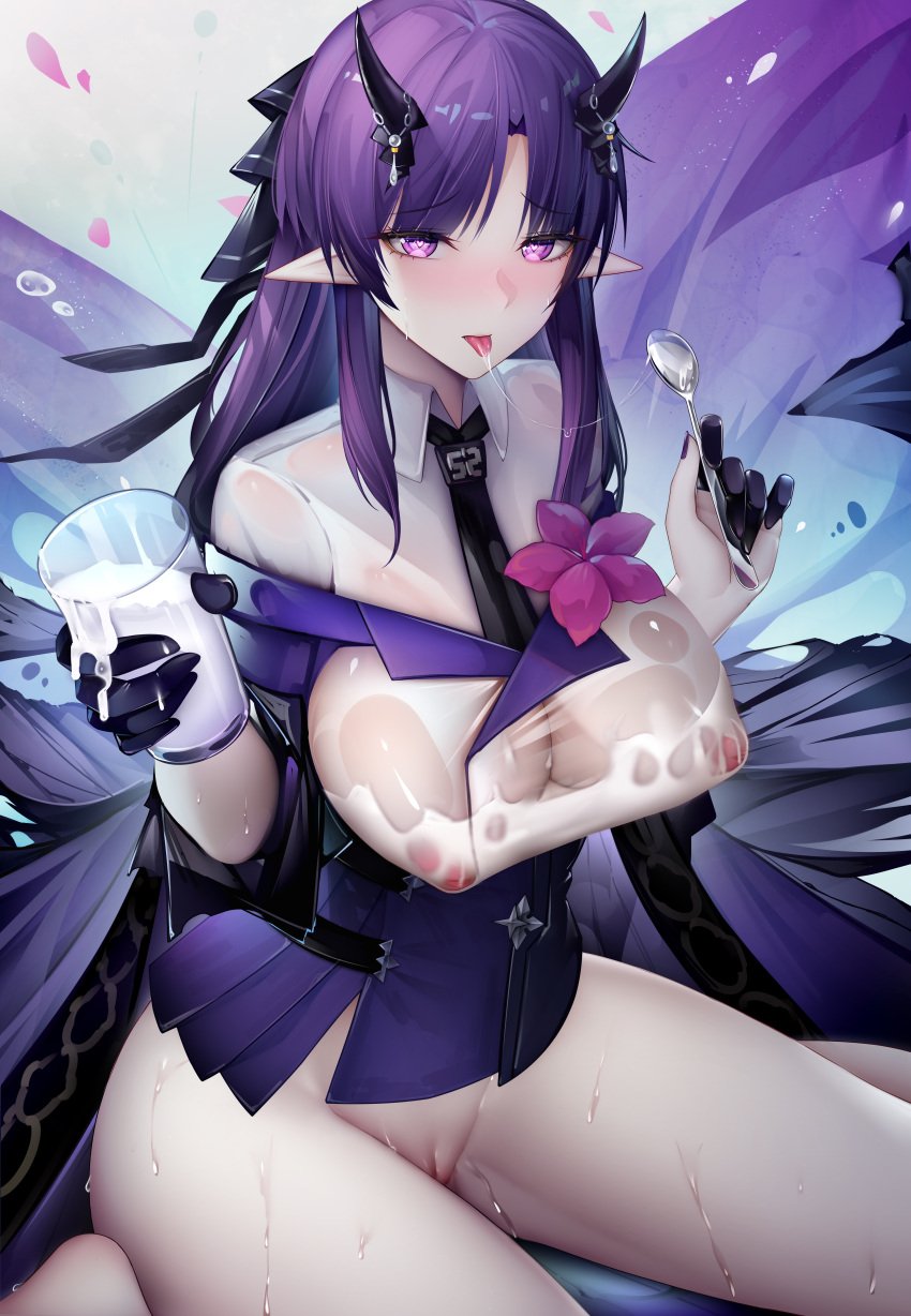 1girls arknights bare_legs big_breasts big_thighs binggong_asylum breasts busty cup female hibiscus_(arknights) huge_breasts huge_thighs large_breasts large_thighs purple_eyes purple_hair spoon thick_thighs thighs voluptuous zhixue