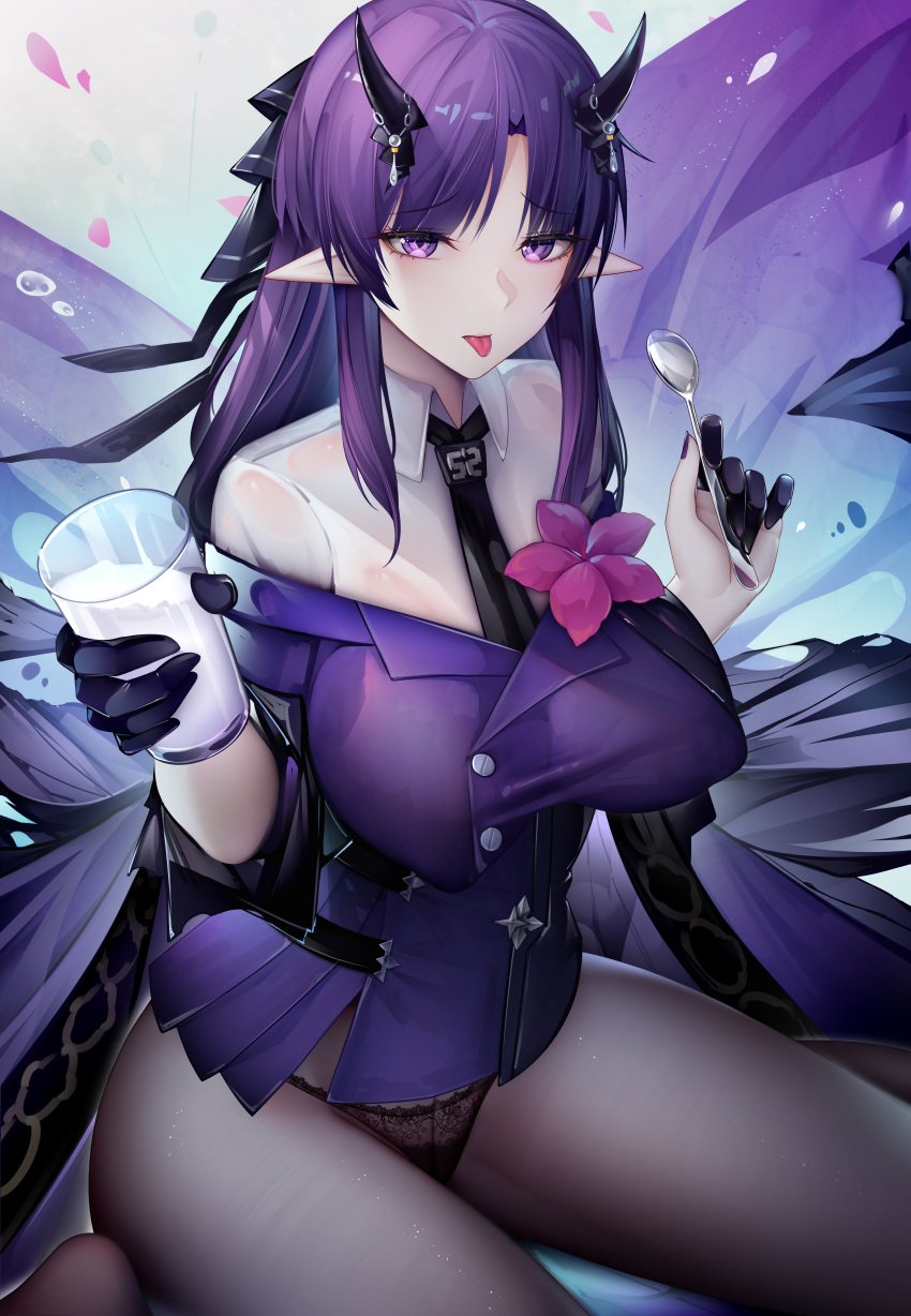 1girls arknights big_breasts big_thighs binggong_asylum black_legwear breasts busty cup female hibiscus_(arknights) huge_breasts huge_thighs large_breasts large_thighs legwear pantyhose purple_eyes purple_hair spoon thick_thighs thighs voluptuous zhixue