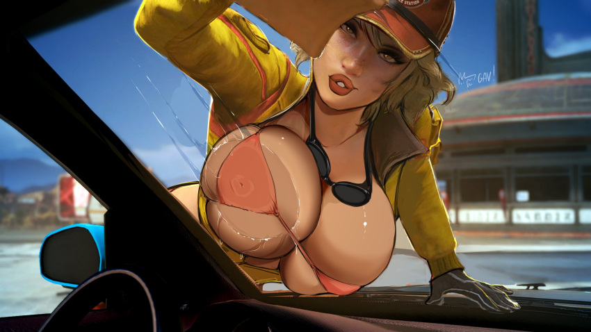 aleksandrgav big_breasts bikini bimbo blonde_hair breasts bursting_breasts busty car car_wash cindy_aurum cleavage cropped_jacket edit erect_nipples female female_focus female_only final_fantasy final_fantasy_xv full_lips huge_breasts jacket large_breasts luscious_lips micro_bikini nipple_bulge overflowing_breasts sideboob solo tagme underboob water wet