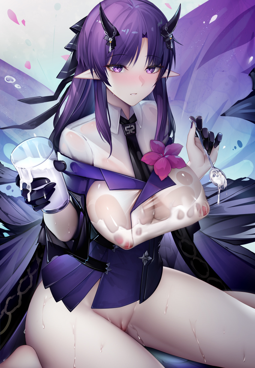 1girls arknights bare_legs big_breasts big_thighs binggong_asylum breasts busty cup female hibiscus_(arknights) huge_breasts huge_thighs large_breasts large_thighs purple_eyes purple_hair spoon thick_thighs thighs voluptuous zhixue