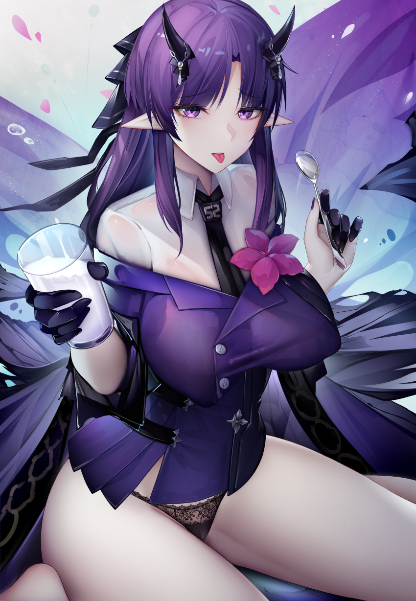 1girls arknights bare_legs big_breasts big_thighs binggong_asylum breasts busty cup female hibiscus_(arknights) huge_breasts huge_thighs large_breasts large_thighs purple_eyes purple_hair spoon thick_thighs thighs voluptuous zhixue