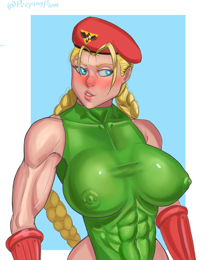 1girls abs biceps blonde_hair blue_eyes blush cammy_white capcom erect_nipples female female_only gauntlets green_leotard leotard muscular_female nipple_piercing peepingficus see-through solo street_fighter veins