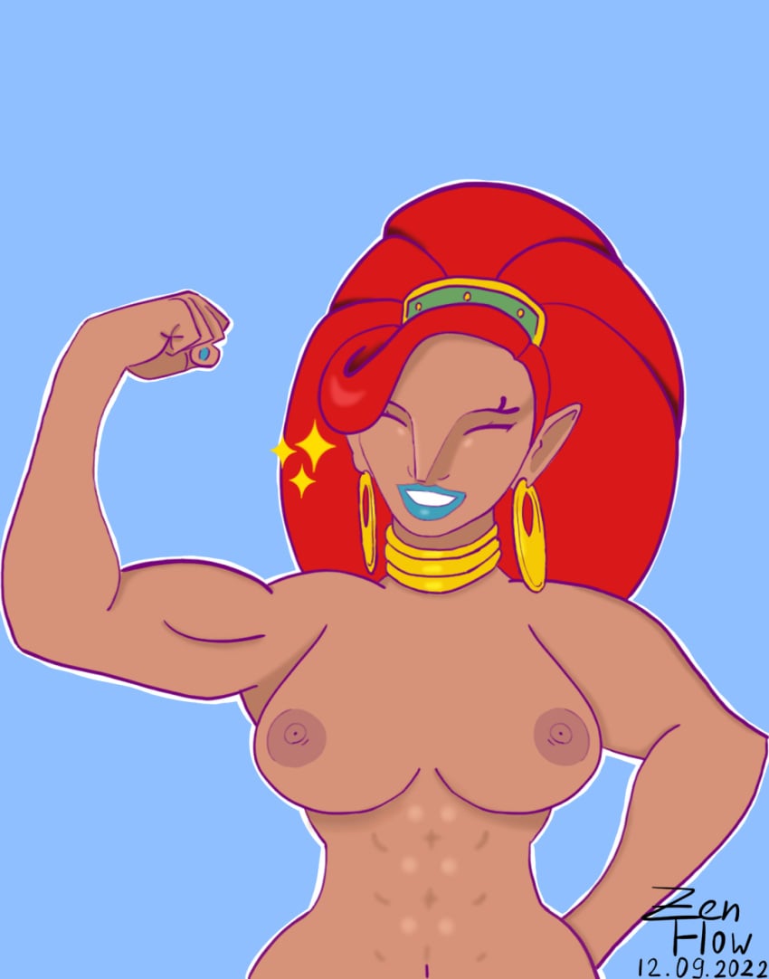 abs biceps breath_of_the_wild closed_eyes dark_skin earrings gerudo muscles muscular_female red_hair smile the_legend_of_zelda the_legend_of_zelda:_breath_of_the_wild urbosa zenflow