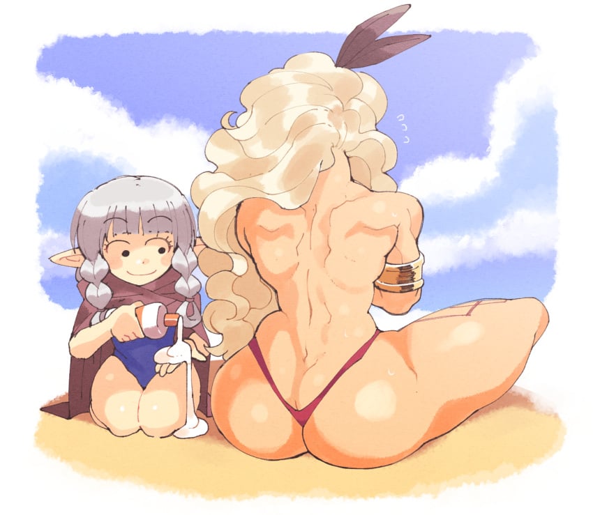 amazon_(dragon's_crown) ass ass_awe ass_cleavage beach big_ass bikini_bottom blonde_hair blunt_bangs blush butt_crack dragon's_crown elf_(dragon's_crown) female inkuusan lotion muscular_back muscular_female one-piece_swimsuit sand sitting sunscreen swimsuit twin_braids white_hair