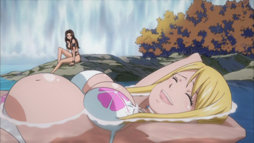 2girls belly belly_stuffing big_belly big_breasts bikini blonde_hair breasts edit fairy_tail female lucy_heartfilia pregnant screenshot_edit stadla stuffed stuffed_belly stuffing