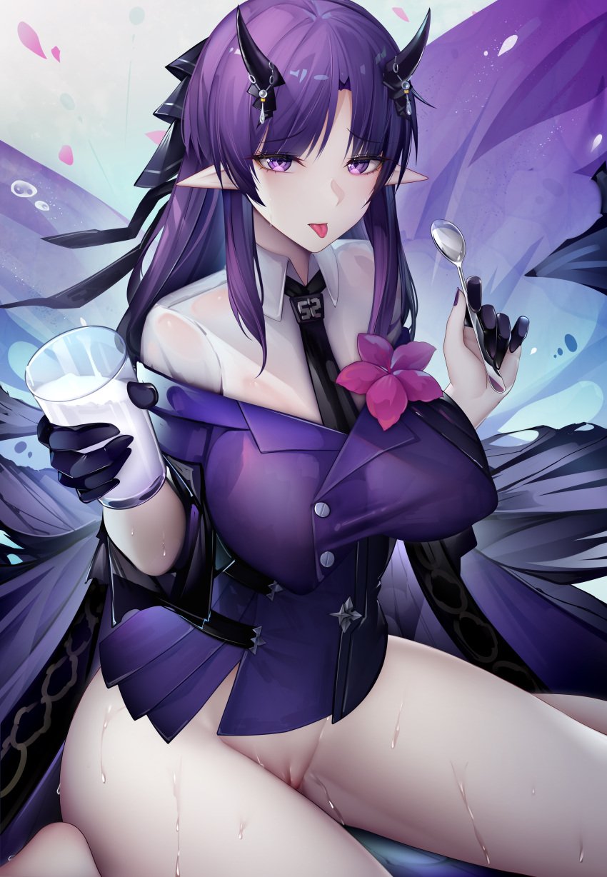 1girls arknights bare_legs big_breasts big_thighs binggong_asylum breasts busty cup female hibiscus_(arknights) huge_breasts huge_thighs large_breasts large_thighs purple_eyes purple_hair spoon thick_thighs thighs voluptuous zhixue